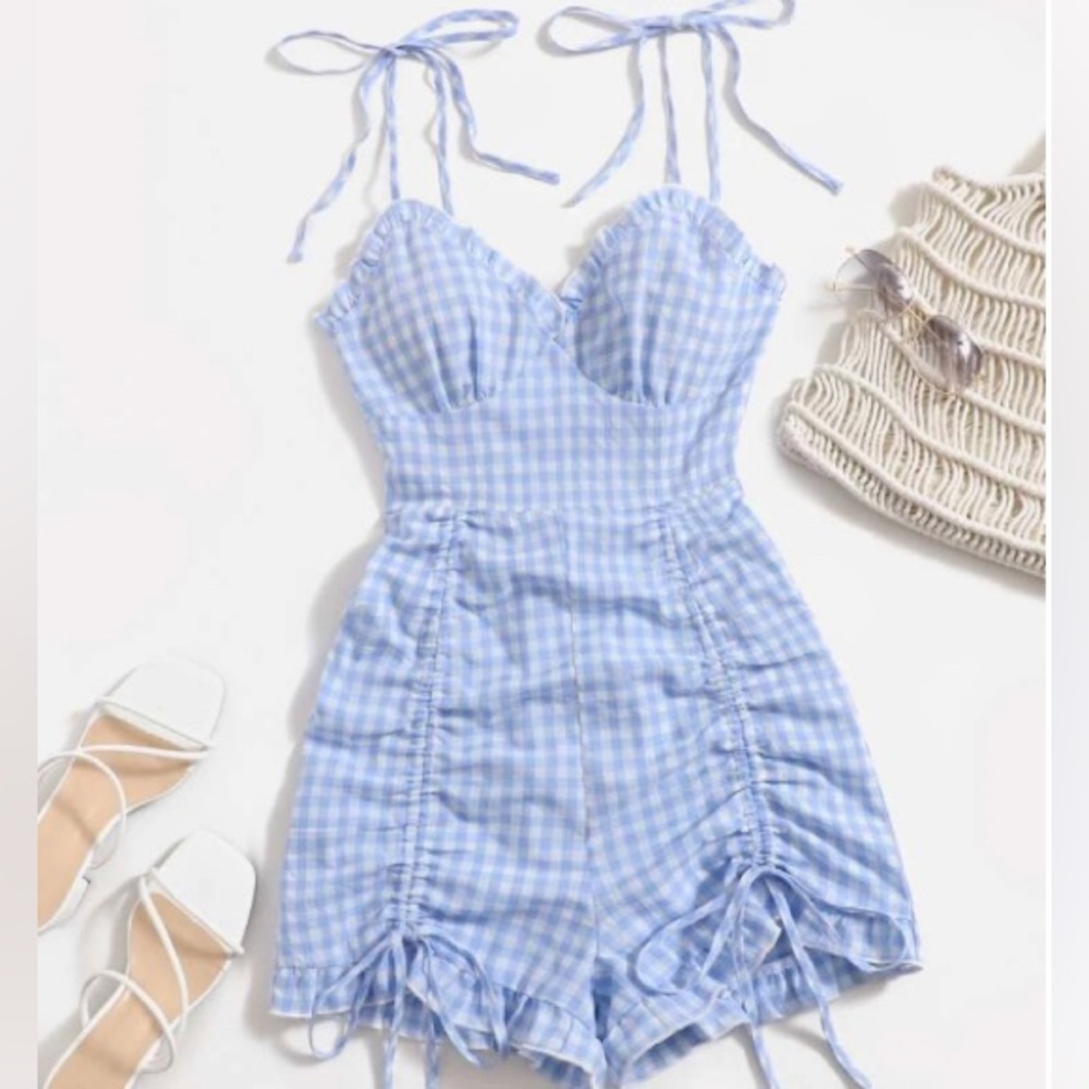 SHEIN Ruched Bust Knot Shoulder Gingham Print Cami Romper